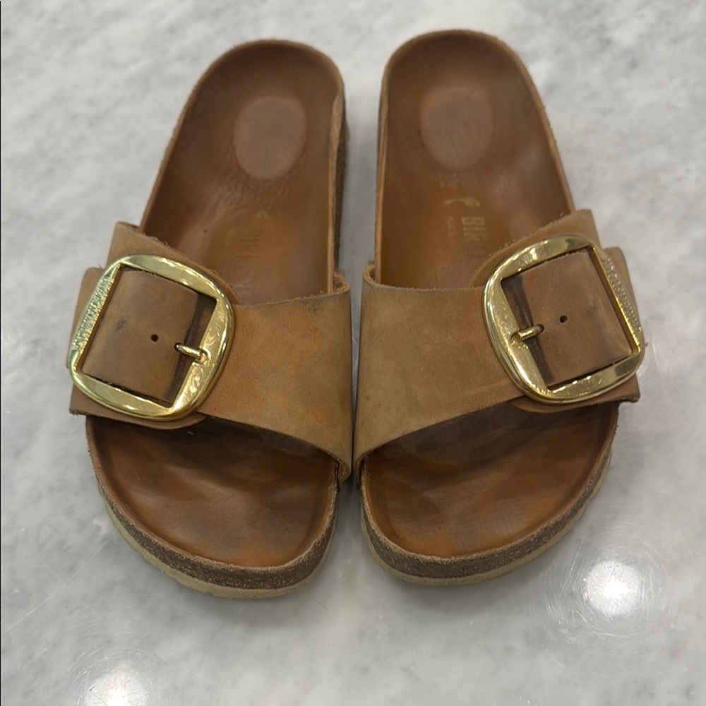 Birkenstock Tan Sandals with Gold Buckle